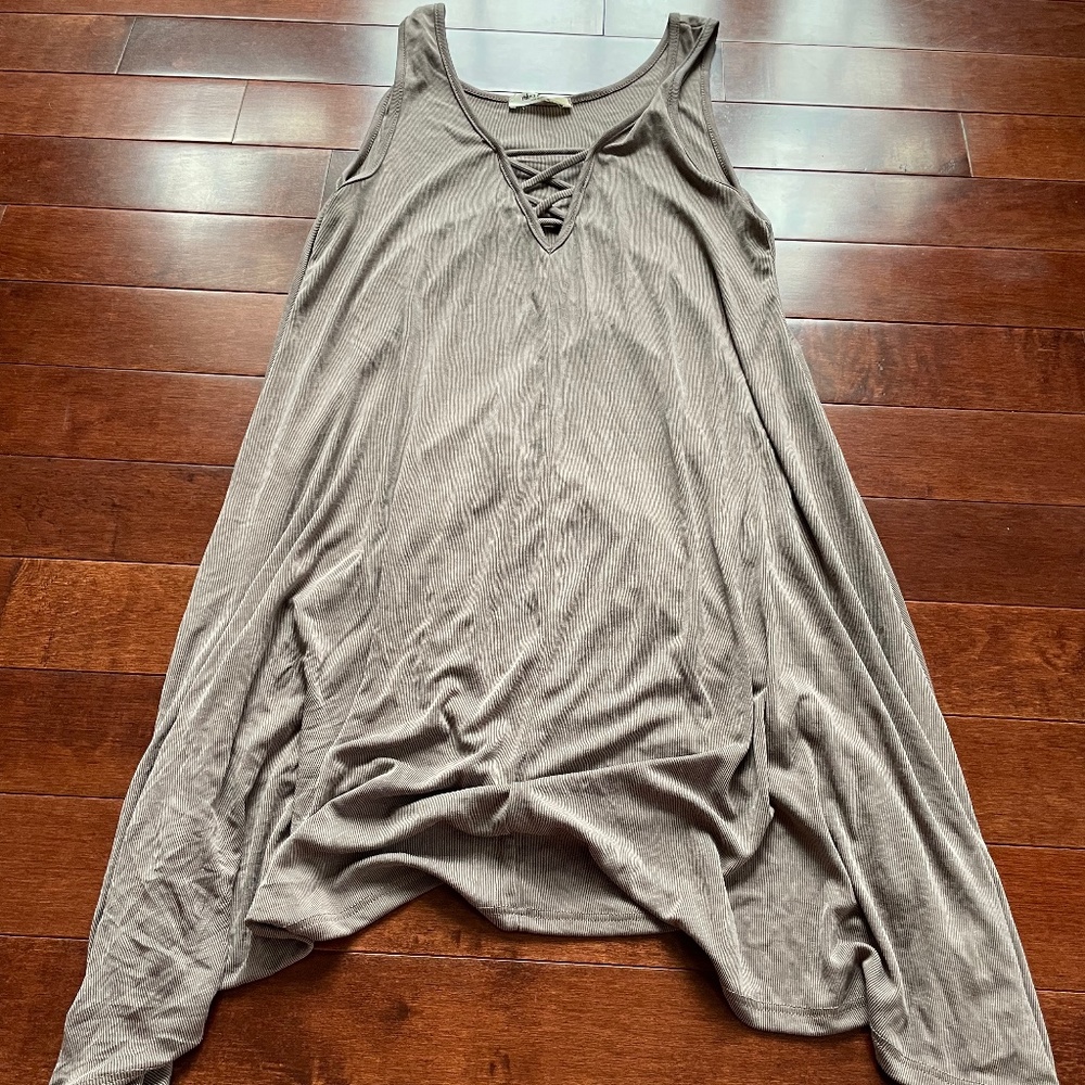 Mikey & Joey Taupe Brown Ribbed Sleeveless Asymmetrical Crisscross Dress